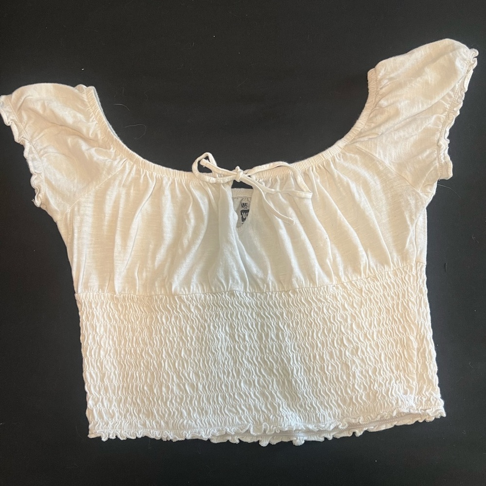 Essentials Cream Smocked Flutter Sleeve Blouse